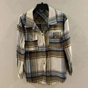 BLUE B Tan/Blue/Cream PLAID Mid-Weight Flannel BUTTON-UP Shirt Jacket Shacket S